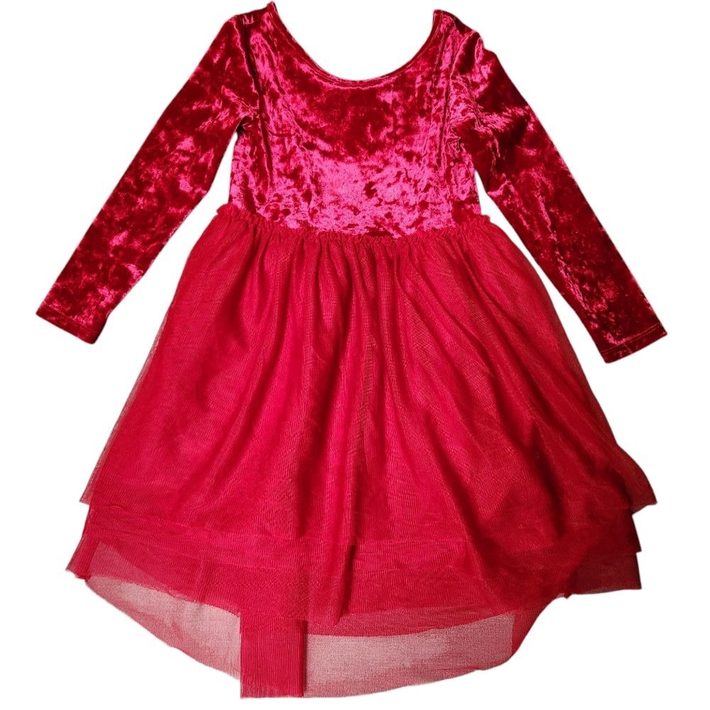 Cat & Jack Velour Tulle Velvet Long Sleeve Dress Size XS (4/5) Red